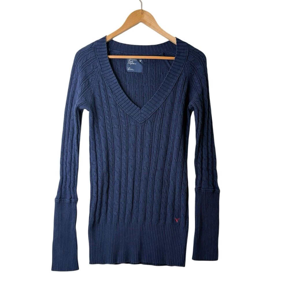 Y2K Cable Knit Fitted American Eagle Sweater V-Neck Navy Bella Elena Size Large